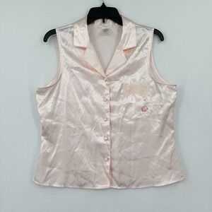 Pink K Pastel Pink Satin Pajama L Button Up Top Floral Coquette Romantic‎ Y2K